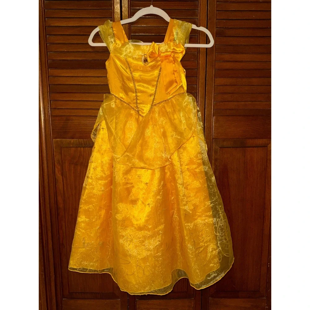 Yellow Belle Princess Costume Dress Kids Girls Gold Sequin Rose Detail Halloween